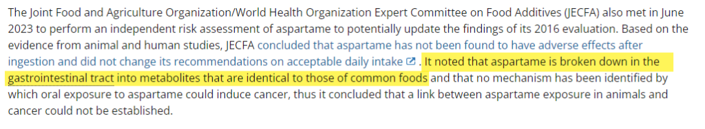 Cancer.Gov statement regarding aspartame